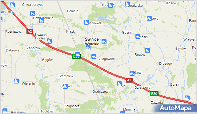 mapa Głogowiec gmina Świnice Warckie, Głogowiec gmina Świnice Warckie na mapie Targeo