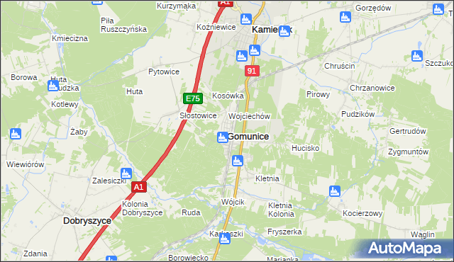 mapa Gomunice, Gomunice na mapie Targeo