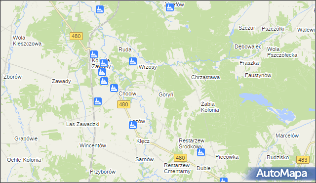 mapa Goryń gmina Widawa, Goryń gmina Widawa na mapie Targeo