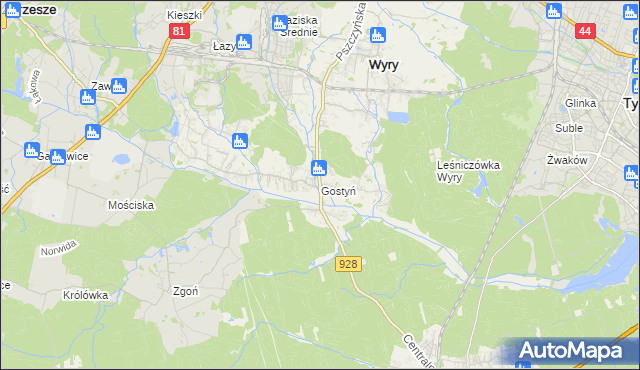 mapa Gostyń gmina Wyry, Gostyń gmina Wyry na mapie Targeo