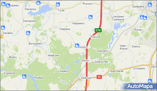 mapa Goszyn gmina Tczew, Goszyn gmina Tczew na mapie Targeo