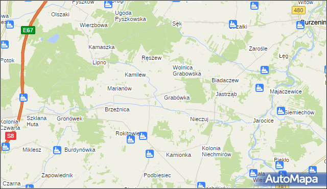 mapa Grabówka gmina Burzenin, Grabówka gmina Burzenin na mapie Targeo