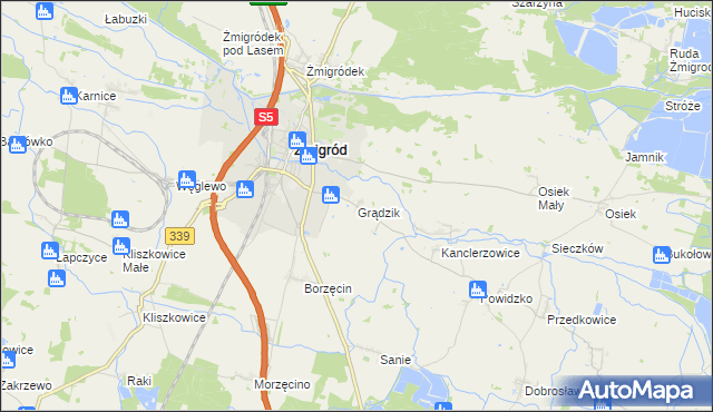mapa Grądzik gmina Żmigród, Grądzik gmina Żmigród na mapie Targeo