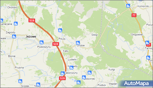 mapa Groble gmina Jeżowe, Groble gmina Jeżowe na mapie Targeo