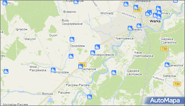 mapa Grzegorzewice gmina Warka, Grzegorzewice gmina Warka na mapie Targeo