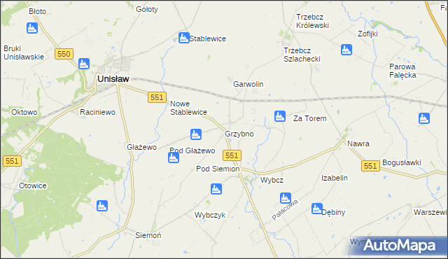 mapa Grzybno gmina Unisław, Grzybno gmina Unisław na mapie Targeo