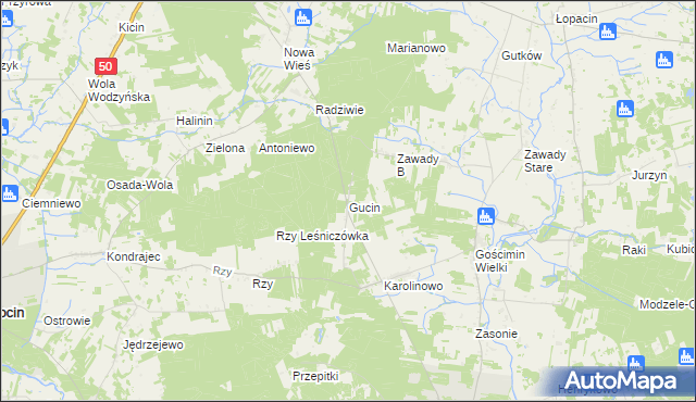 mapa Gucin gmina Nowe Miasto, Gucin gmina Nowe Miasto na mapie Targeo