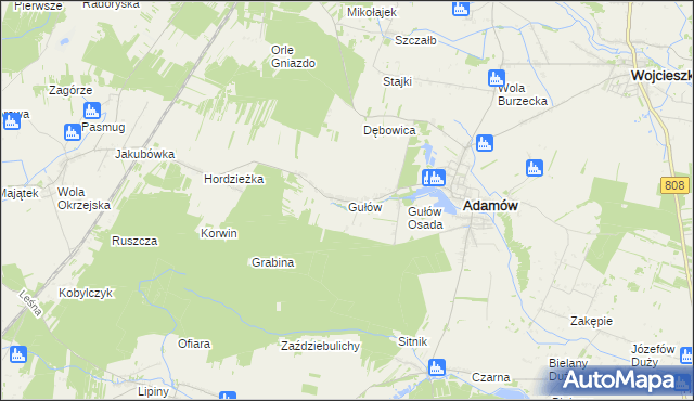 mapa Gułów gmina Adamów, Gułów gmina Adamów na mapie Targeo
