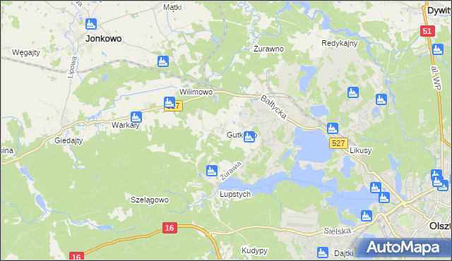 mapa Gutkowo gmina Jonkowo, Gutkowo gmina Jonkowo na mapie Targeo