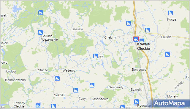 mapa Guzy gmina Kowale Oleckie, Guzy gmina Kowale Oleckie na mapie Targeo