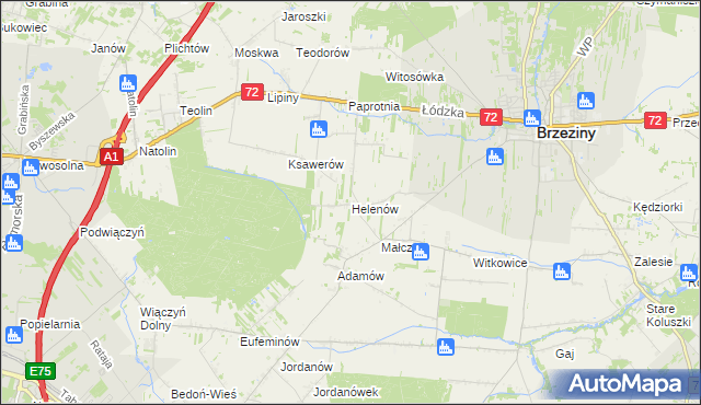 mapa Helenów gmina Brzeziny, Helenów gmina Brzeziny na mapie Targeo