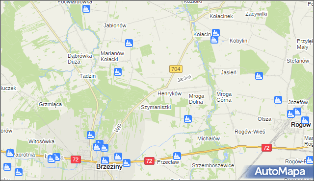 mapa Henryków gmina Brzeziny, Henryków gmina Brzeziny na mapie Targeo