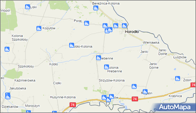 mapa Hrebenne gmina Horodło, Hrebenne gmina Horodło na mapie Targeo