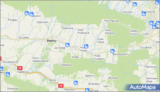 mapa Huta Nowa gmina Bieliny, Huta Nowa gmina Bieliny na mapie Targeo