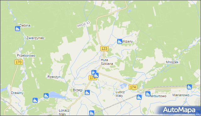 mapa Huta Szklana gmina Krzyż Wielkopolski, Huta Szklana gmina Krzyż Wielkopolski na mapie Targeo
