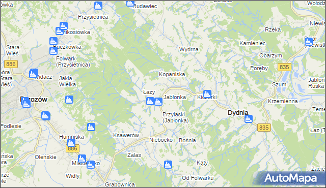 mapa Jabłonka gmina Dydnia, Jabłonka gmina Dydnia na mapie Targeo