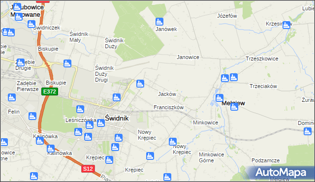 mapa Jacków gmina Mełgiew, Jacków gmina Mełgiew na mapie Targeo