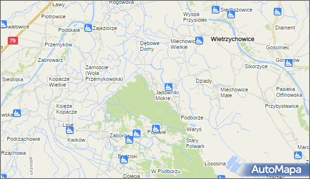 mapa Jadowniki Mokre gmina Wietrzychowice, Jadowniki Mokre gmina Wietrzychowice na mapie Targeo