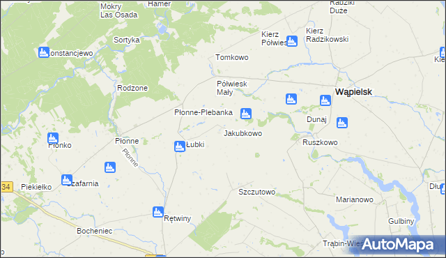 mapa Jakubkowo gmina Radomin, Jakubkowo gmina Radomin na mapie Targeo