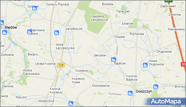 mapa Jakubów gmina Goszczyn, Jakubów gmina Goszczyn na mapie Targeo