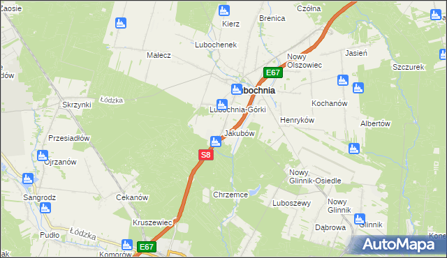 mapa Jakubów gmina Lubochnia, Jakubów gmina Lubochnia na mapie Targeo