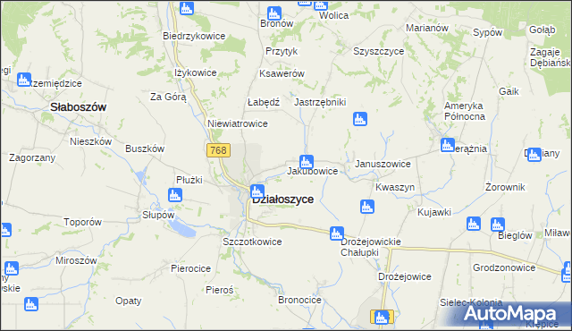 mapa Jakubowice gmina Działoszyce, Jakubowice gmina Działoszyce na mapie Targeo