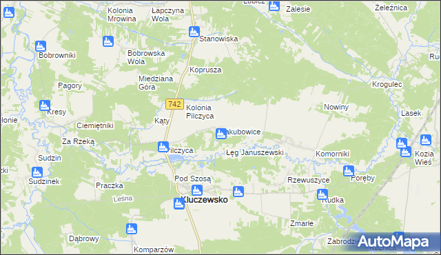 mapa Jakubowice gmina Kluczewsko, Jakubowice gmina Kluczewsko na mapie Targeo