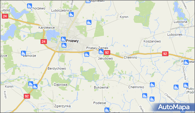 mapa Jakubowo gmina Pniewy, Jakubowo gmina Pniewy na mapie Targeo