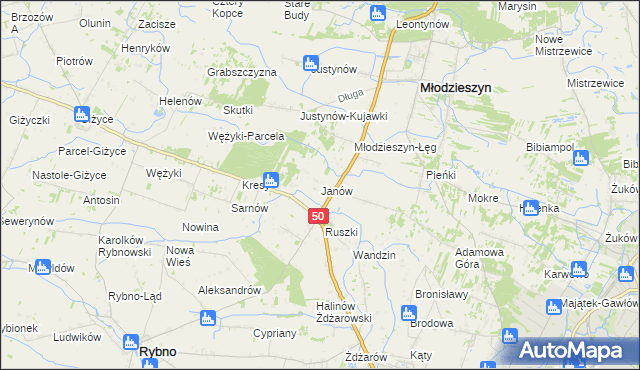 mapa Janów gmina Młodzieszyn, Janów gmina Młodzieszyn na mapie Targeo