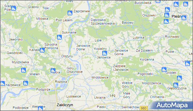 mapa Janowice gmina Pleśna, Janowice gmina Pleśna na mapie Targeo