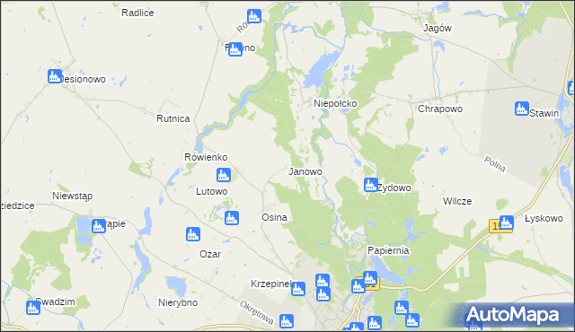 mapa Janowo gmina Barlinek, Janowo gmina Barlinek na mapie Targeo