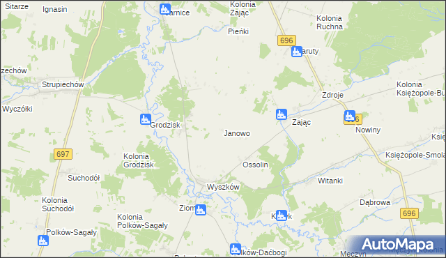 mapa Janowo gmina Liw, Janowo gmina Liw na mapie Targeo