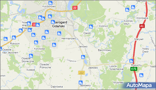 mapa Janowo gmina Starogard Gdański, Janowo gmina Starogard Gdański na mapie Targeo