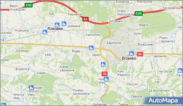 mapa Jasień gmina Brzesko, Jasień gmina Brzesko na mapie Targeo