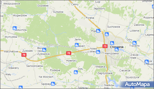 mapa Jasień gmina Chmielnik, Jasień gmina Chmielnik na mapie Targeo