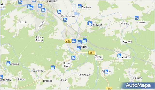 mapa Jasień powiat żarski, Jasień powiat żarski na mapie Targeo