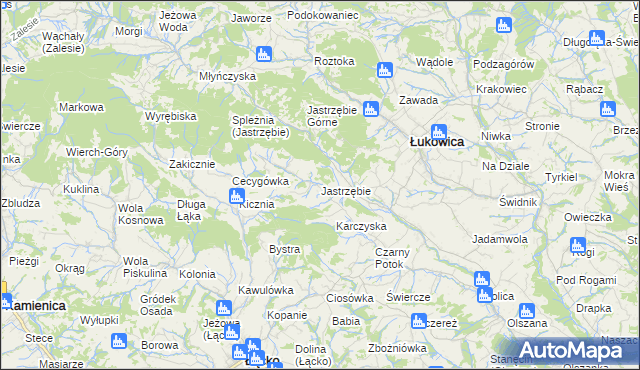 mapa Jastrzębie gmina Łukowica, Jastrzębie gmina Łukowica na mapie Targeo