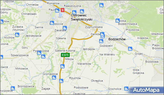 mapa Jędrzejów gmina Bodzechów, Jędrzejów gmina Bodzechów na mapie Targeo