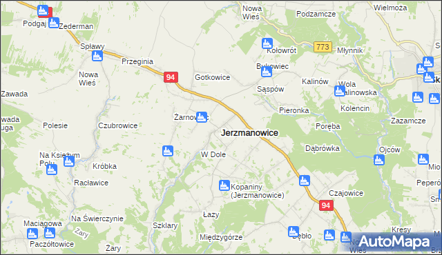 mapa Jerzmanowice gmina Jerzmanowice-Przeginia, Jerzmanowice gmina Jerzmanowice-Przeginia na mapie Targeo