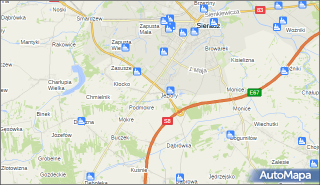 mapa Jeziory gmina Sieradz, Jeziory gmina Sieradz na mapie Targeo