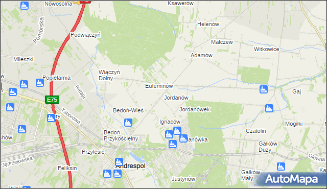 mapa Jordanów gmina Brzeziny, Jordanów gmina Brzeziny na mapie Targeo