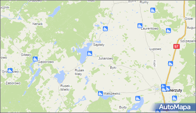 mapa Julianowo gmina Dźwierzuty, Julianowo gmina Dźwierzuty na mapie Targeo