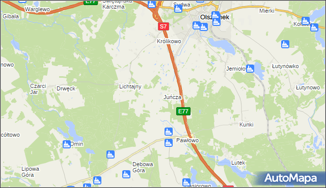 mapa Juńcza gmina Olsztynek, Juńcza gmina Olsztynek na mapie Targeo