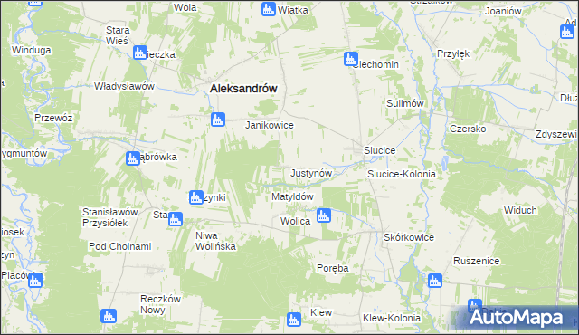 mapa Justynów gmina Aleksandrów, Justynów gmina Aleksandrów na mapie Targeo