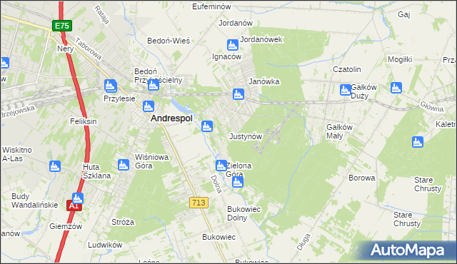 mapa Justynów gmina Andrespol, Justynów gmina Andrespol na mapie Targeo