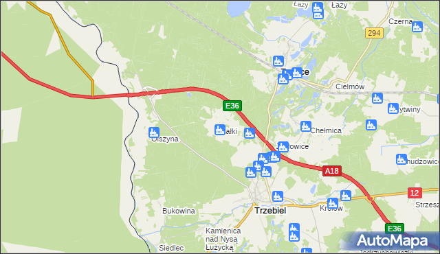 mapa Kałki gmina Trzebiel, Kałki gmina Trzebiel na mapie Targeo