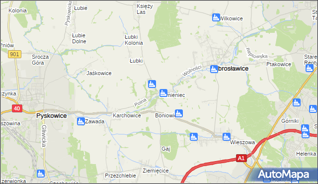 mapa Kamieniec gmina Zbrosławice, Kamieniec gmina Zbrosławice na mapie Targeo
