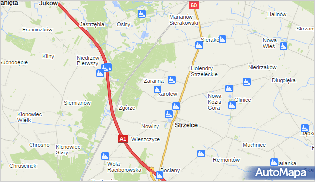 mapa Karolew gmina Strzelce, Karolew gmina Strzelce na mapie Targeo