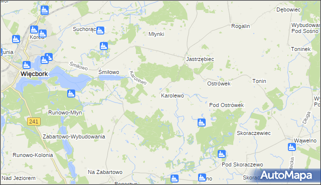 mapa Karolewo gmina Więcbork, Karolewo gmina Więcbork na mapie Targeo