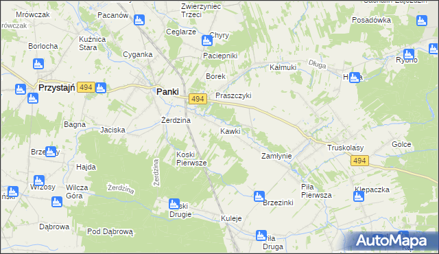 mapa Kawki gmina Panki, Kawki gmina Panki na mapie Targeo